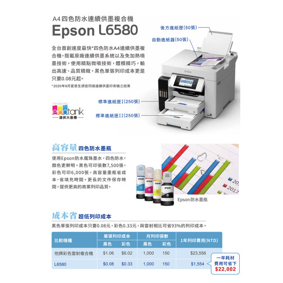 【雙北市到府安裝】 EPSON L6580 四色防水高速A4商用傳真複合機
